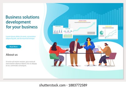 Business solitions development for your business webpage template. Success way, creative innovations. Team of people sit together around the table make a business plan. Landing page management process