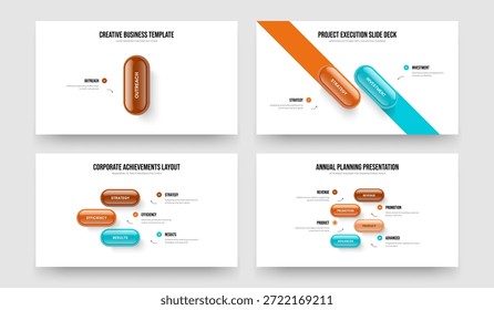 Business Solution 1 2 3 4-Schritt-Diagramm-Foliendesign-Paket. Finanzplan Eins Zwei Drei Vier-Elemente-Infografik Diashow Layout Vektorgrafik-Illustration-Kollektion.