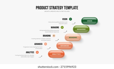 Diseño de presentación de diagrama de elementos de solución empresarial 5. Ilustración vectorial de diseño de diapositivas de lanzamiento de ventas. Plantilla de presentación de diapositivas de infografía de cinco pasos de desarrollo de marketing.