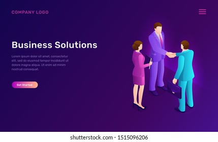 Business solution and agreement isometric concept vector illustration. Two faceless businessmen shake hands, successful deal conclusion, partnership and cooperation banner, recruiting agency web page