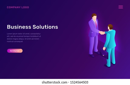 Business solution and agreement isometric concept vector illustration. Two faceless businessmen shake hands, successful deal conclusion, partnership and cooperation banner, recruiting agency web page