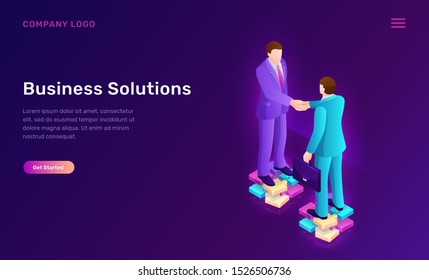 Business solution and agreement isometric concept vector illustration. Two businessmen stand on puzzle and shake hands, successful deal conclusion, partnership, cooperation, recruiting agency web page