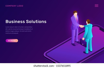 Business solution and agreement isometric concept vector illustration. Two businessmen standing on mobile phone screen and shake hands, successful deal conclusion, partnership and cooperation banner