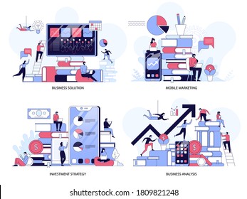 Business solution and analysis, Mobile marketing, Investment strategy. Web page design templates of analysis, startup, innovative ideas, investment. Flat design vector illustration concepts