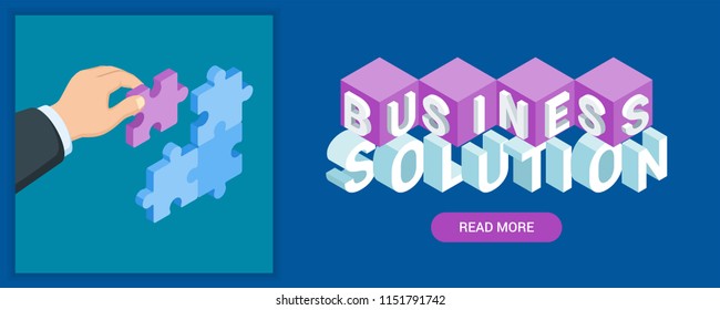 Business solution banner. Image of a hand holding puzzle piece. Highly detailed vector illustration of isometric objects