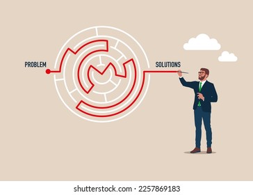 Business solution with businessman finding way through maze. Business maze labyrinth. Modern vector illustration in flat style 