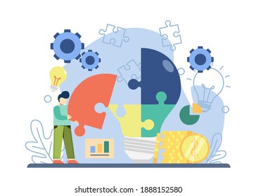 Solución comercial con piezas de rompecabezas de bombillas de colección de caracteres. Solución de Problemas, Compartir Ideas, Ideas Creativas, Encontrar Soluciones. Diseño gráfico para página de inicio, web, aplicaciones móviles, banner, plantilla