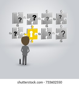 Business solution concept of businessman looking at the jigsaw puzzle with keyhole