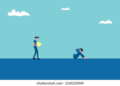 Business solution concept with businessman and business women completing puzzle . Symbol of success, creativity. Eps10 illustration.