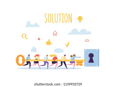 Business Solution Concept. Businessmen Holding Big Key Together and Trying to Open Keyhole. Flat People Teamwork Strategy. Vector illustration