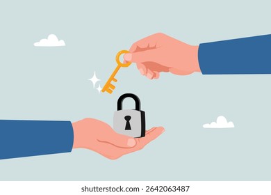 Business solution concept. Entrepreneur's hand holding the key and lock. Teamwork strategy.