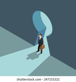 Business solution concept flat 3d web isometric infographic vector. Businessman standing on big keyhole doorway over shadow. Creative people collection.