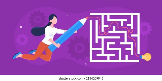 Business solution concept. Girl with large pencil draws path to labyrinth. Designer and freelancer, creative person and searching for idea. Inspiration and insight. Cartoon flat vector illustration