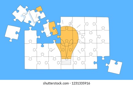 Business solution concept with light bulb puzzle. Collecting insights from the brainstorm into working solution hand drawn illustration. Problem solving and overcoming challenge vector design element.