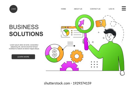 Der Mensch hält Lupe, auf Infografik und Dollarsymbol. Landing Page für Web-Business-Site. Umrissgrafik eps10.