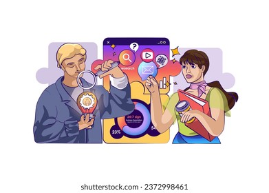 Concepto de solución de negocio con escena de personas en diseño de dibujos animados planos para web. Equipo buscando nuevas ideas y haciendo investigación creativa. Ilustración vectorial para banner de medios sociales, material de marketing.
