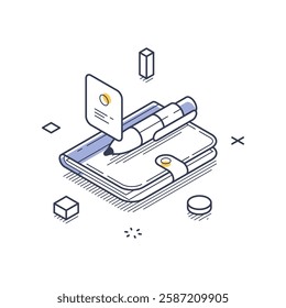 Business solution concept, showcasing a notebook with a pen and a card. It emphasizes the importance of planning and organization in business strategies. Modern isometric line art vector illustration