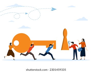 Concepto de solución de negocio, caricatura del equipo de negocios caminando junto con una gran llave en mano levantada para abrir el bloqueo. clave para el concepto de éxito para el banner web, página web. Ilustración vectorial plana