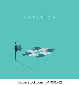 Business solution concept vector illustration with businessman building jigsaw puzzle. Eps10 vector illustration.