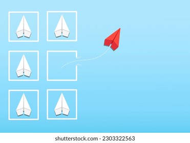 Business for solution concept with white paper planes in barriers and one red getting out of the box on blue background. Solve the difficulties, think outside the box, thinking different.

