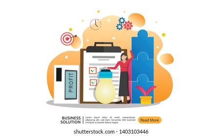 Business Solution concept. Woman character holding bulb with report and calculator. problem solving.  Flat vector illustration for web page, website, app, ui and mobile