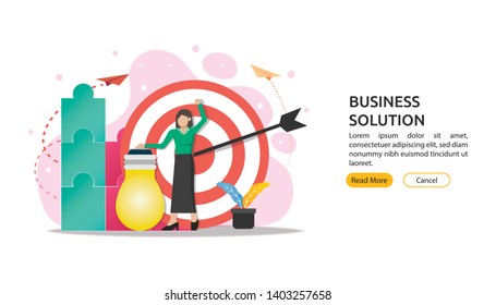 Business Solution concept. Woman character holding bulb with report and calculator. problem solving.  Flat vector illustration for web page, website, app and mobile