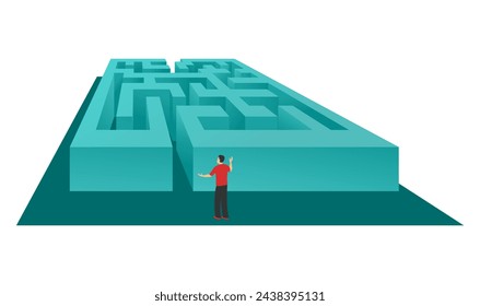 Business solution conceptual design cartoon illustration. Confused man staying at maze entrance