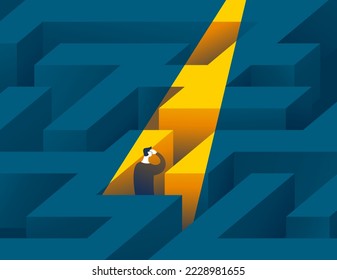 Business solution conceptual design illustration. Confused and highlighted man stay at maze in spot light