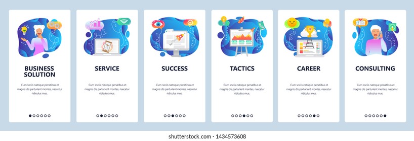 Business solution, consulting, success services web site and mobile app onboarding screens. Menu banner vector template for website and application development.
