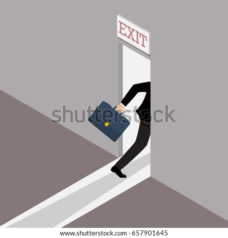 Business solution or exit strategy. Businessman runs to the exit door