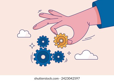 Business solution to fix problem concept. Leadership to connect business part strategy. Expertise and skill to drive success, businessman hand put important gear or cogwheel to make machine run good.