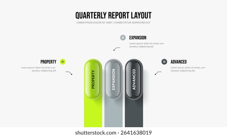 Business Solution Frame Design Vector Illustration. Marketing Visualization 3 Element Diagram Presentation Layout. Product Report Three Option Infographic Slide Template.