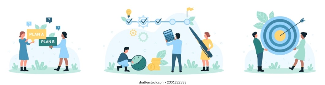 Business solution and goals set vector illustration. Cartoon tiny people choose between options, plan A and B scenario, mark points in timeline with pen, customers holding bullseye circle with arrow