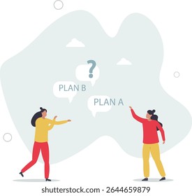 Solução empresarial e metas.Desenhos animados escolhem entre opções, planejam cenários A e B. vida dos personagens .