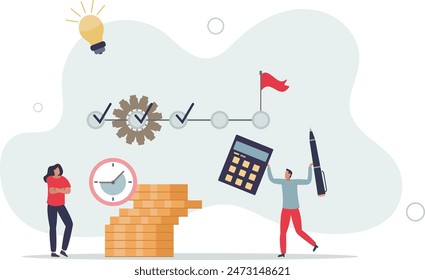 Business solution and goals.Cartoon tiny people mark points in timeline with pen. vector illustration.