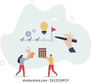 Business solution and goals.Cartoon tiny people mark points in timeline with pen.flat character life .
