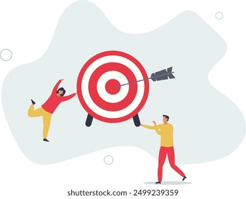 Business solution and goals.customers holding bullseye circle with arrow.flat design with people.