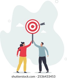 Solução de negócios e goals.customers segurando círculo bullseye com caracteres arrow.flat.