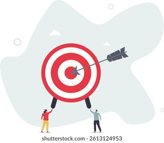 Business solution and goals.customers holding bullseye circle with arrow.flat character life .