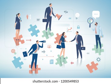 Business Solution. Group of business persons standing on the pieces of puzzle. Business concept illustration.