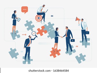 Business Solution Group of business persons standing on the pieces of puzzle. Business concept illustration.