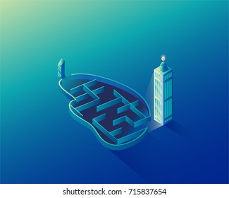 Business solution for growth from brain maze. Vector creative illustration design for business or startup concept.
