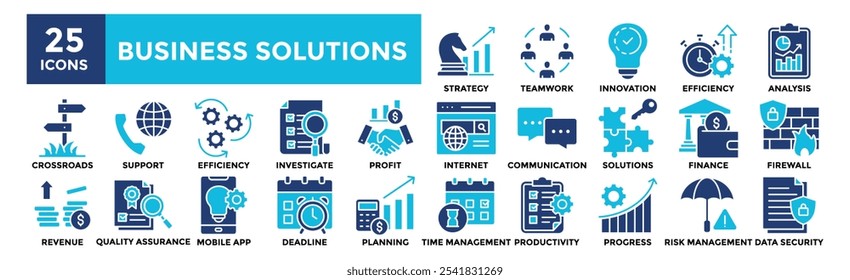 Conjunto de coleta de ícones da Solução Comercial. Contendo estratégia de design, negócios, solução, sucesso, tecnologia	