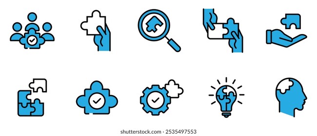 Business solution icon set. Innovation, Inspiration, and creative idea icon symbol. Containing lightbulb, puzzle, handshake, and gear with check mark. Vector illustration