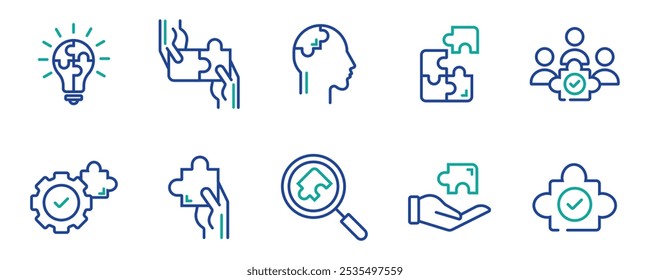 Business solution icon set. Innovation, Inspiration, and creative idea icon symbol. Containing lightbulb, puzzle, handshake, and gear with check mark. Vector illustration