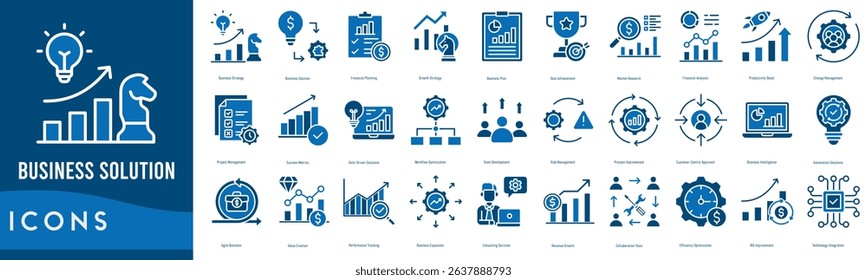 Business Solution icon set. Business Strategy, Business Solution, Financial Planning, Growth Strategy, Business Plan and Goal Achievement