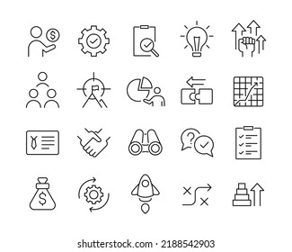 Iconos de soluciones empresariales: línea de vectores. Stroke editable.