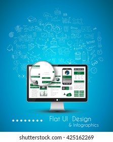 Business Solution and Idea Conceptual background with a desktop pc and hand drawn doodle sketched with a lot of different themes.