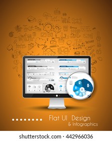 Business Solution and Idea Conceptual background with a desktop pc and hand drawn doodle sketched with a lot of different themes.