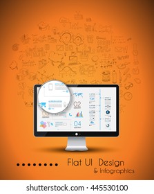 Business Solution and Idea Conceptual background with a desktop pc and hand drawn doodle sketched with a lot of different themes.